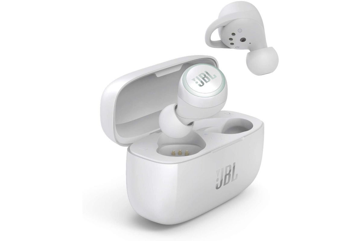 White JBL earbuds floating above their charging case