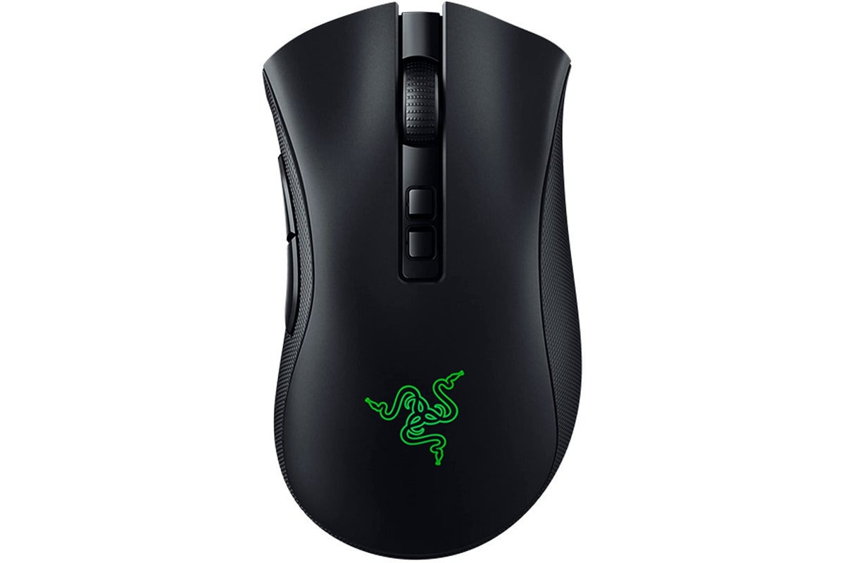 DeathAdder mouse with a Razer logo in green at the bottom of the top.