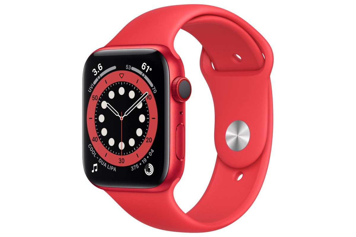 A red Apple Watch facing from right.