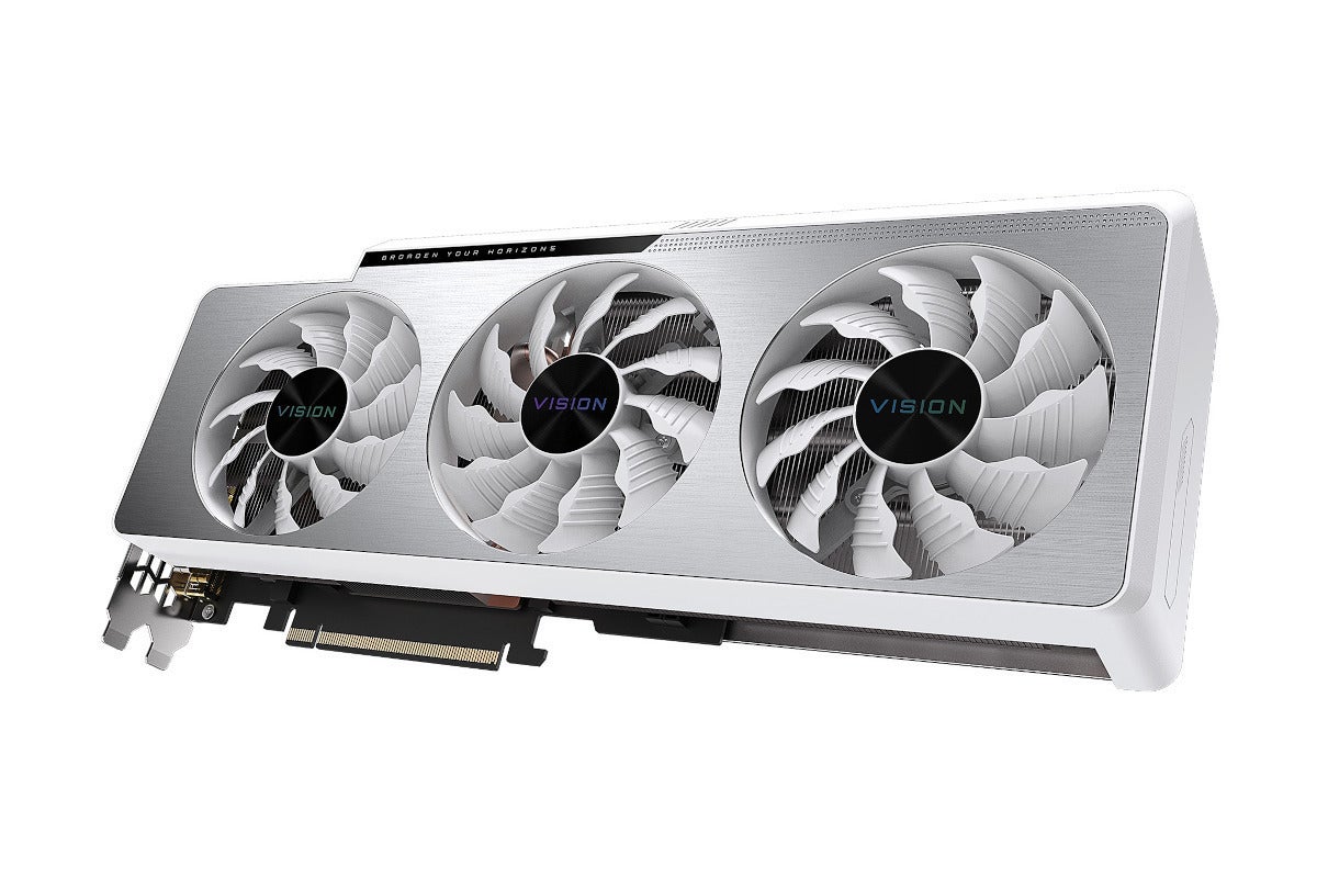 a silver graphics card with three fans.