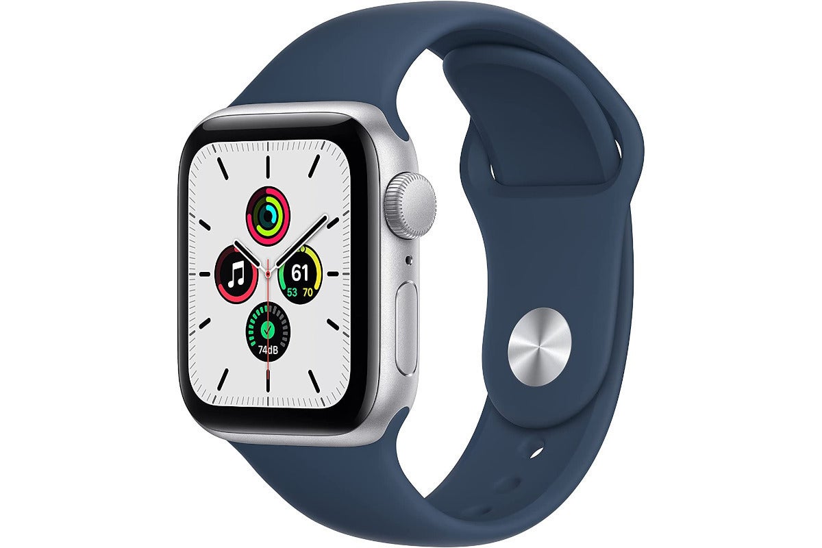 An Apple Watch SE with a blue watch band facing from right.