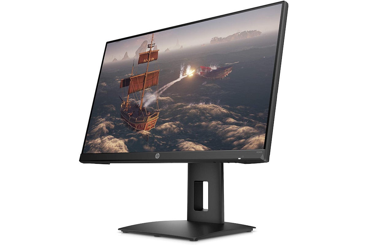 an HP gaming monitor with a sailing ship firing on a shark on the screen