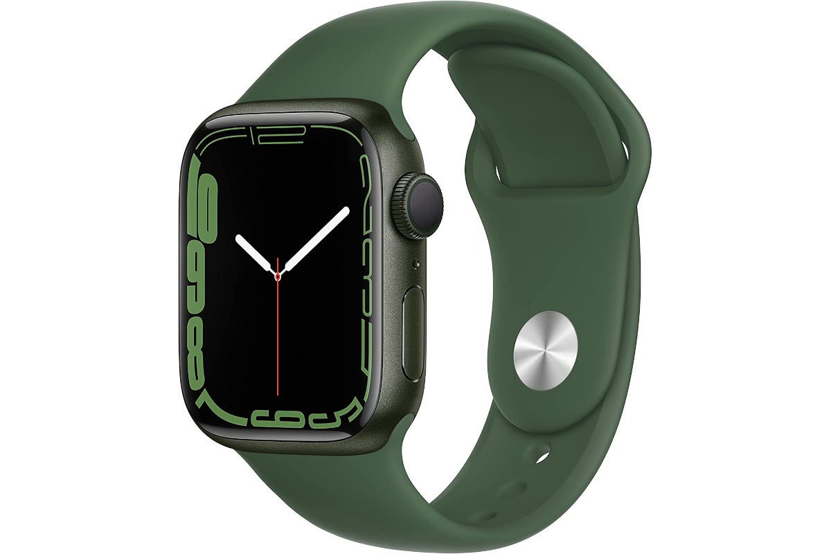 a green series 7 smart watch facing from right