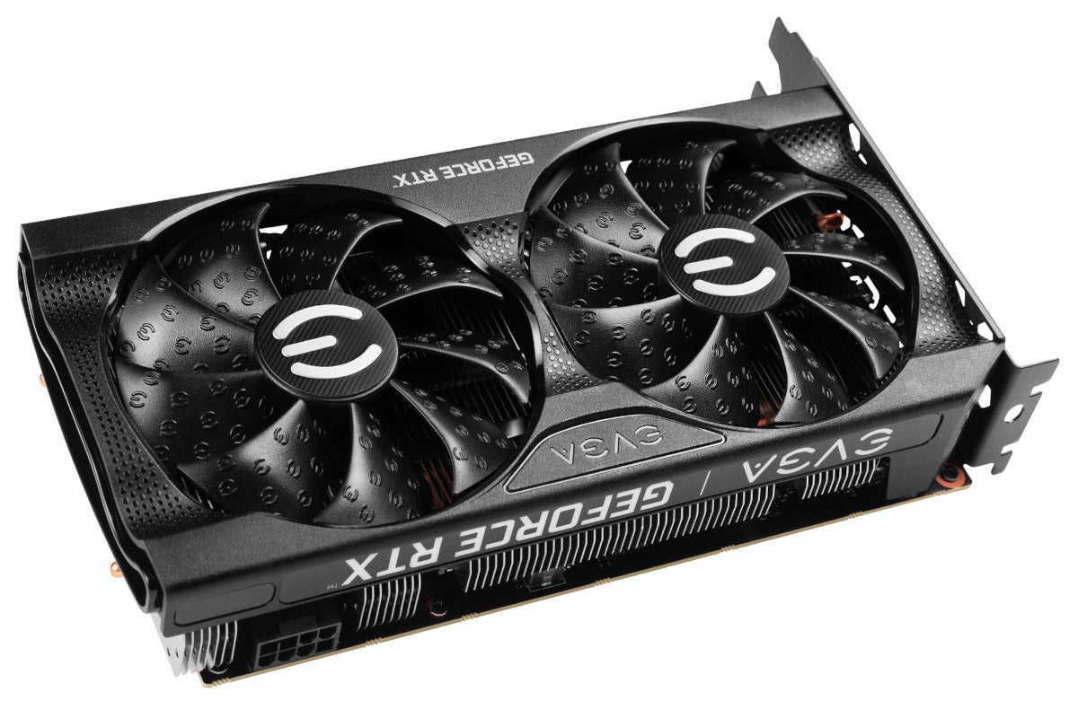 A dual-fan graphics card with a black finish.