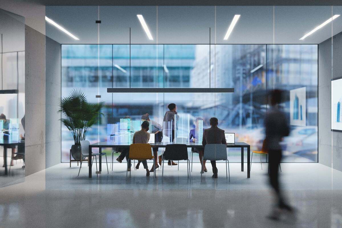What's Next?  >  Futuristic workspace with conceptual virtual interface / future planning / progress