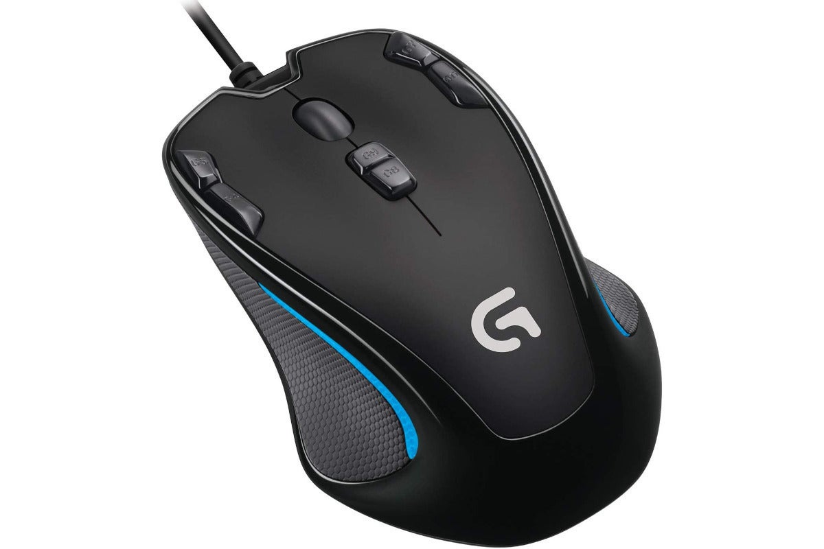 A black mouse with RGB lighting accents and contours on both sides.