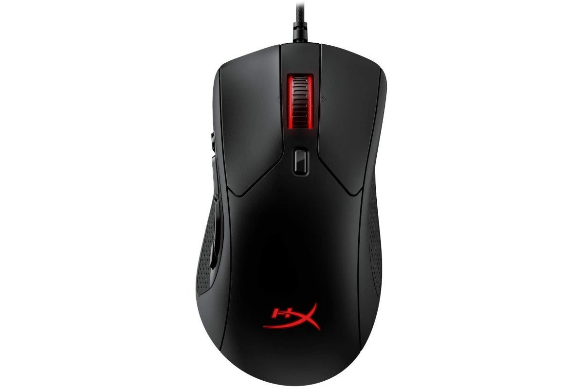 a black gaming mouse with red LED highlights viewed from above