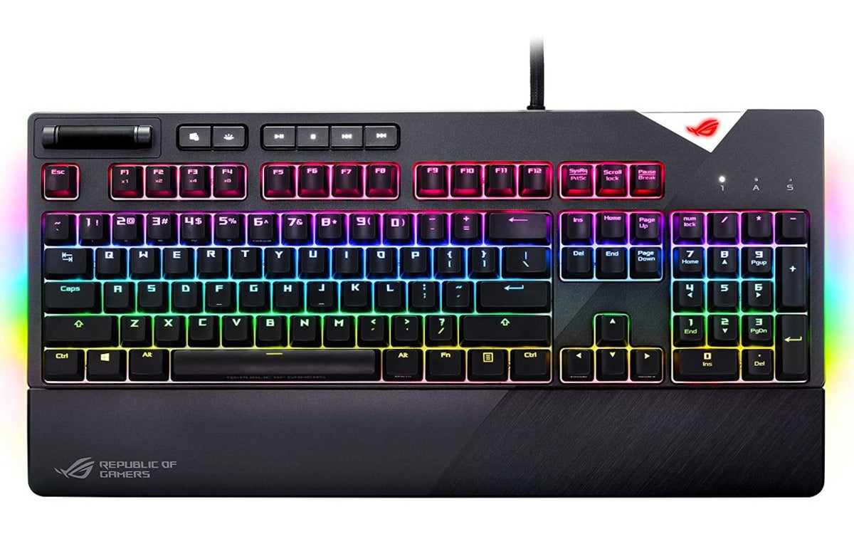 A black keyboard with RGB lighting