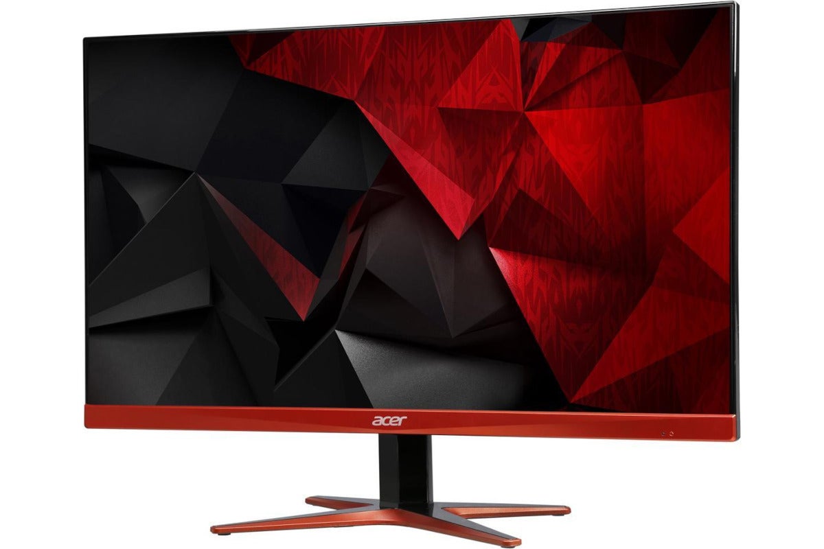 An Acer gaming monitor facing from right with a red frame.