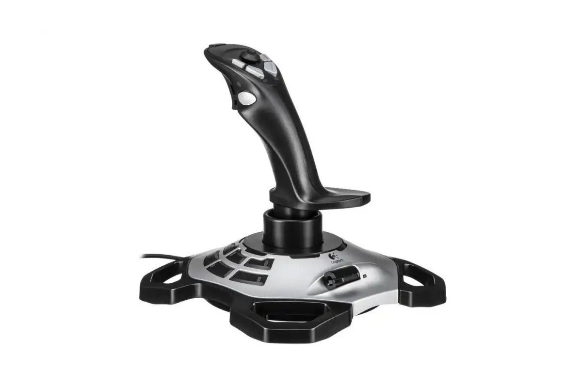 A black and silver joystick with tons of buttons