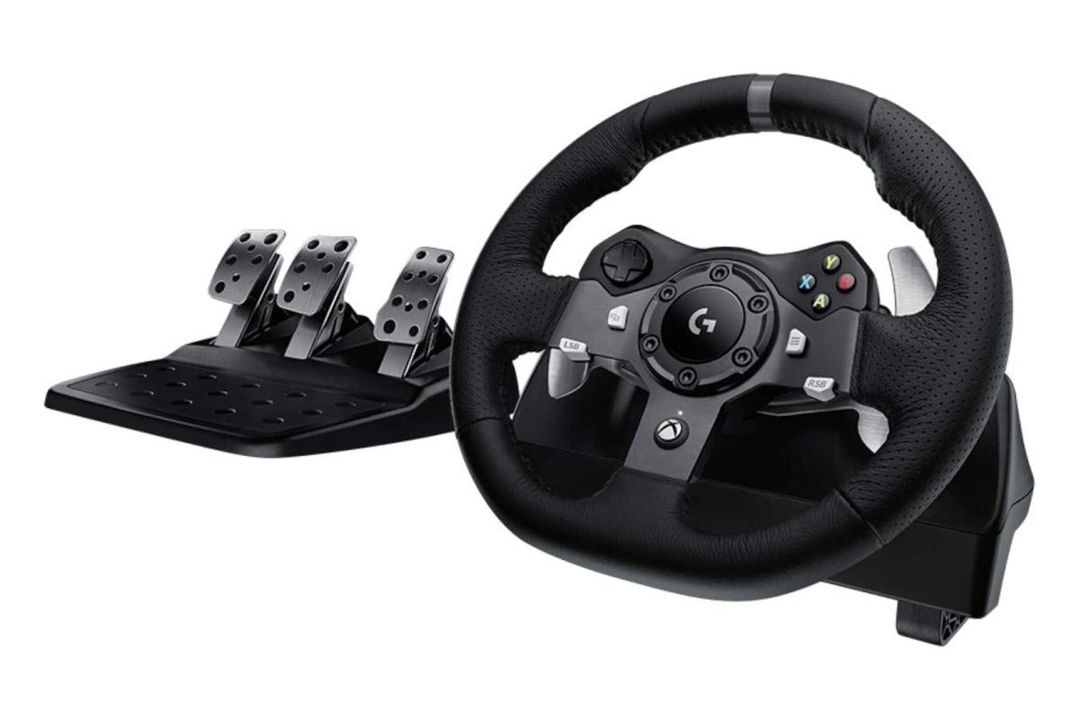 a video game racing wheel and set of pedals