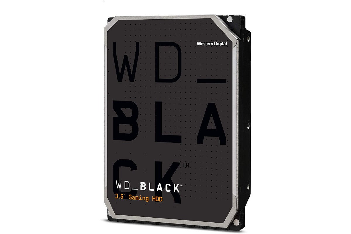 A WD Black hard drive standing on end