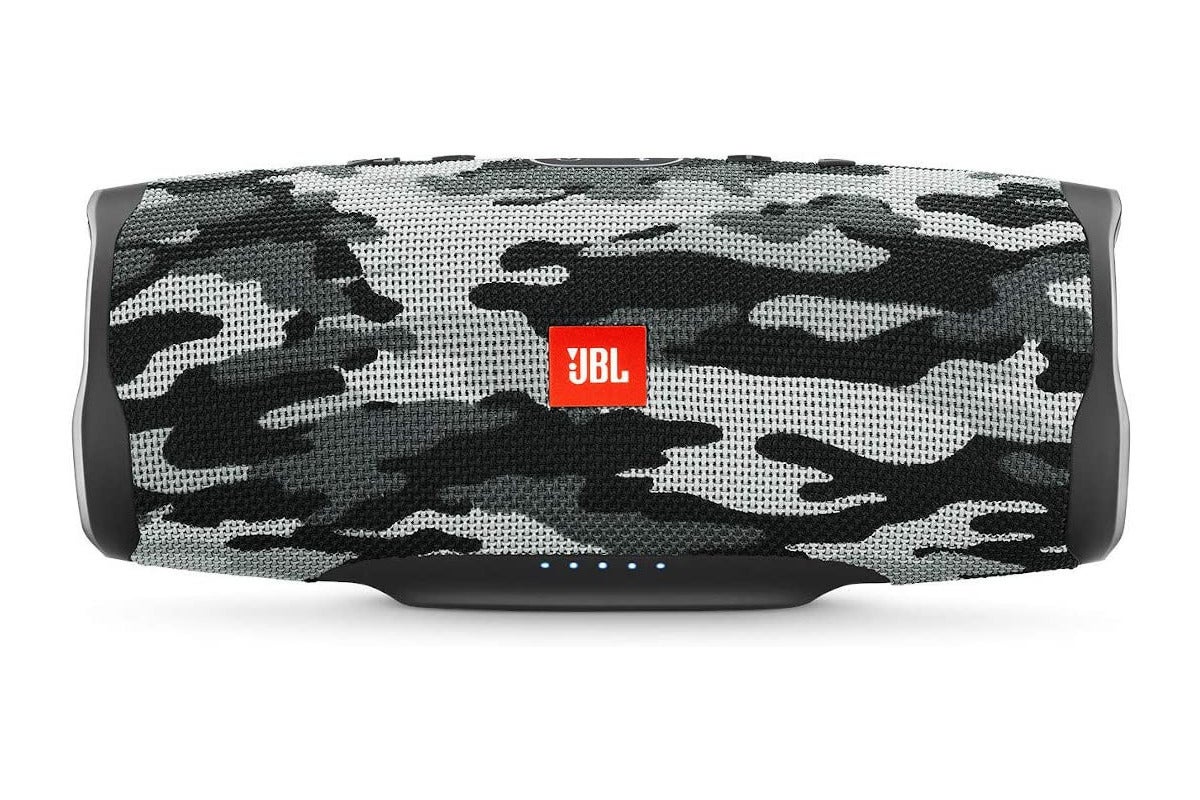 a jbl charge 4 speaker in gray and white camouflage with an orange JBL logo on the front