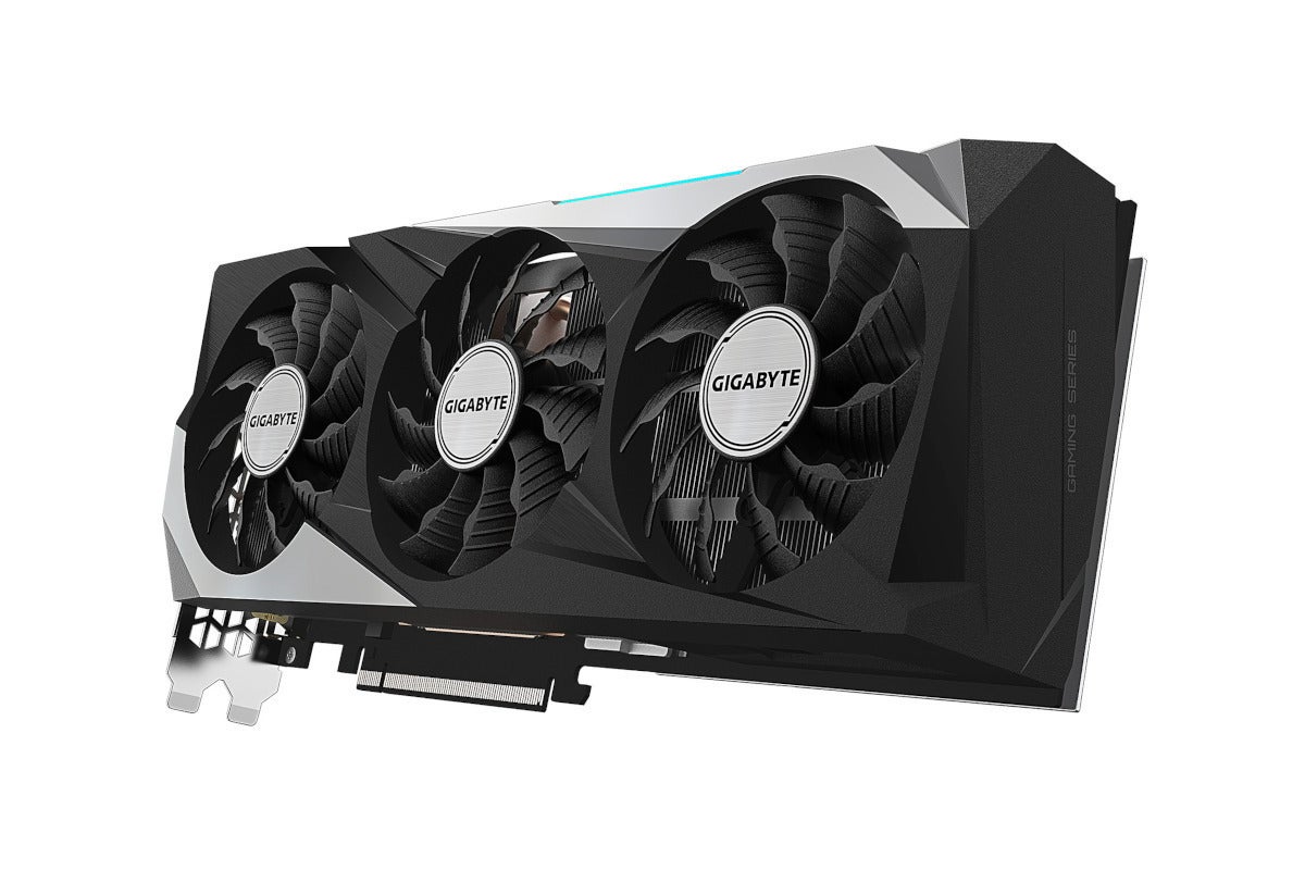 a black and silver graphics card with three fans