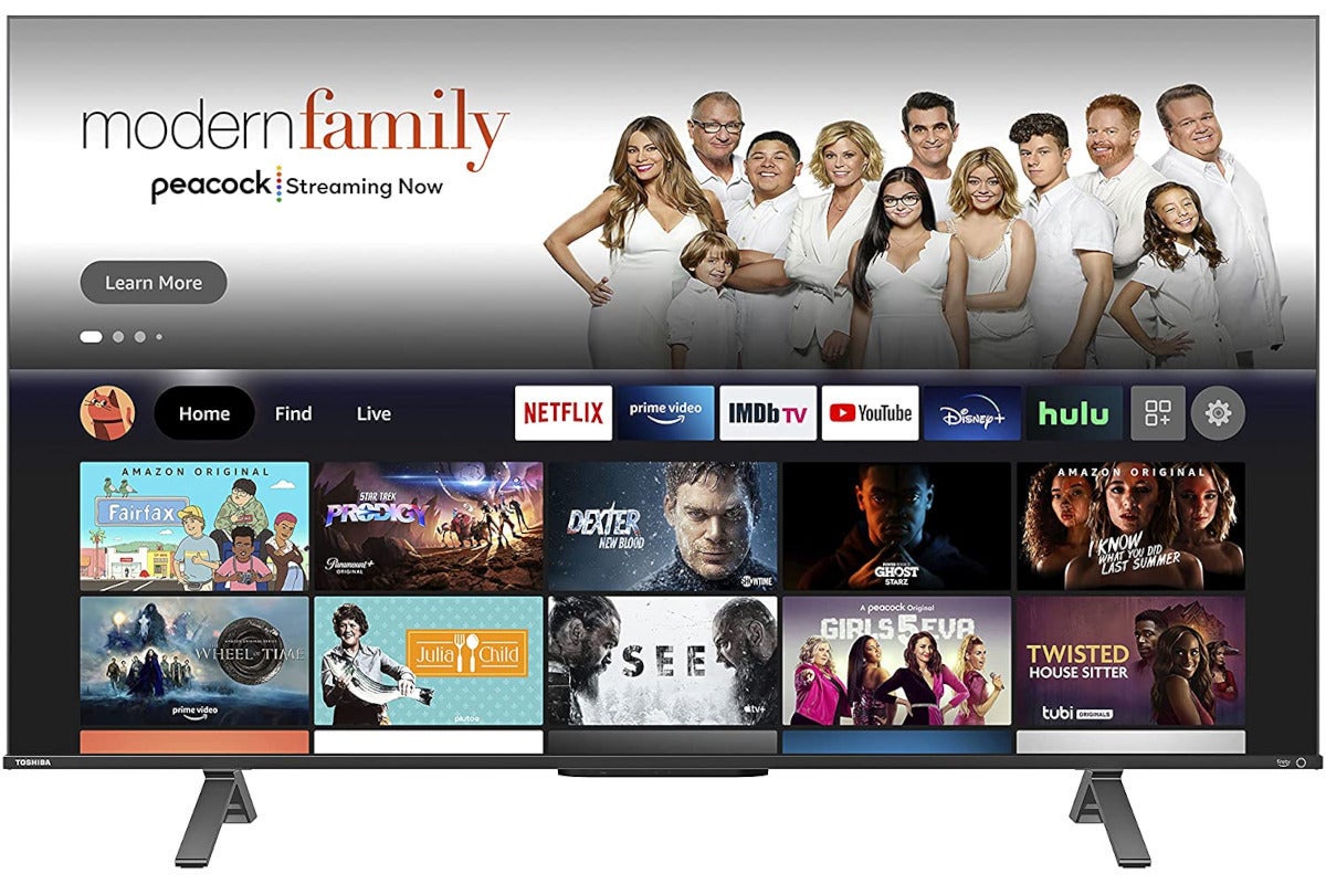 a tv with FireTV tiles on the display showing a number of popular TV shows and streaming services