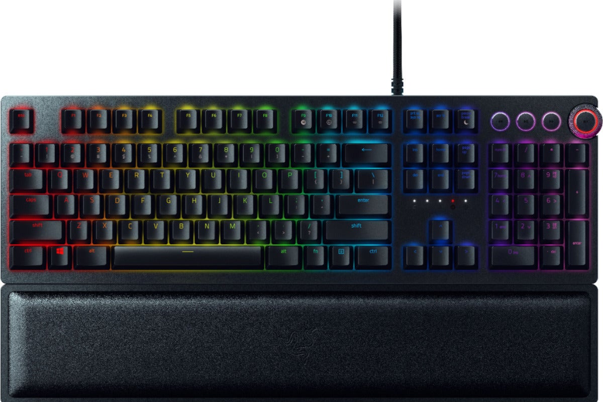 Bird's eye view of a black keyboard with RGB lighting and large media keys