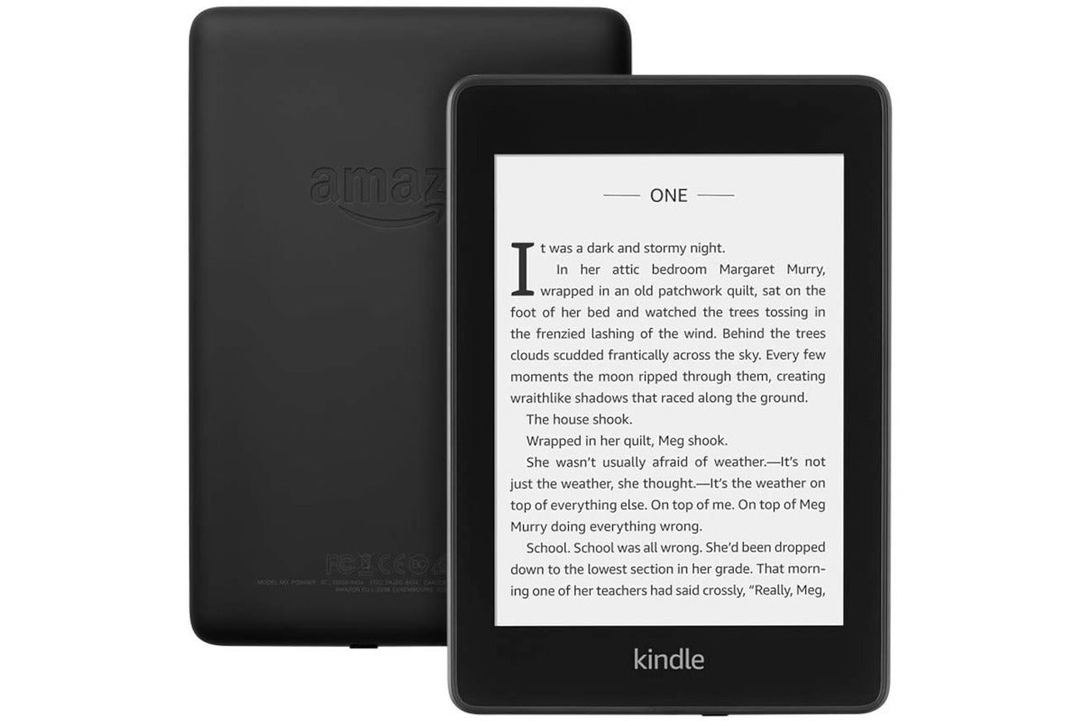 a Kindle e-reader facing front with cliched text on the display 