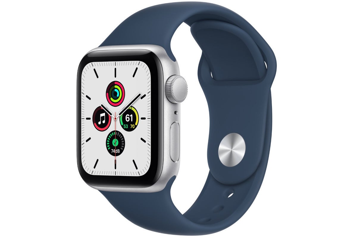 an apple watch Se facing from right with a blue sport strap