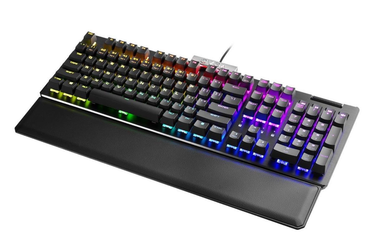 a black keyboard with rgb lighting viewed from above