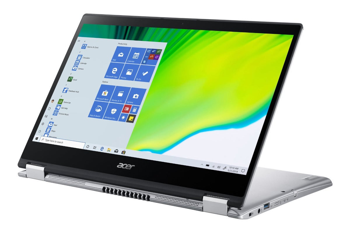 A silver convertible laptop facing from right