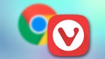 Vivaldi logo in front of blurry Chrome logo on blue background