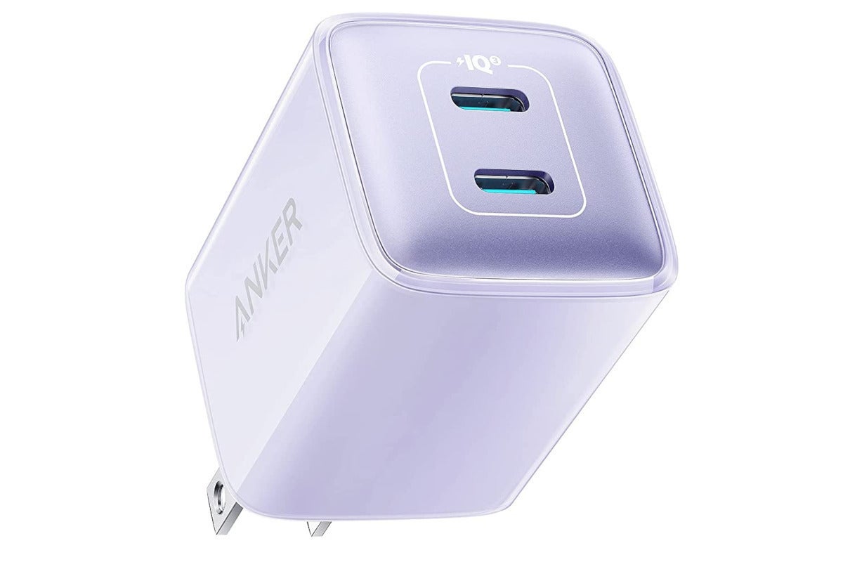 A lavender wall charger with two USB-C ports