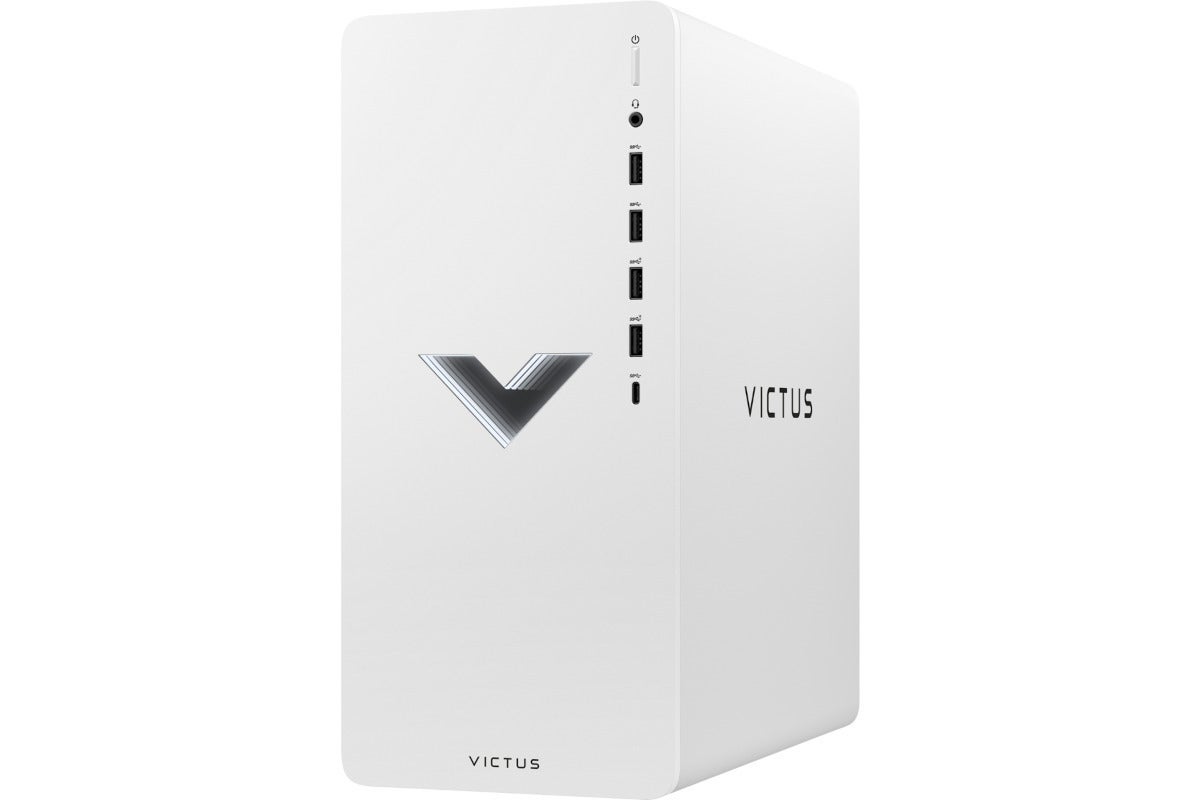 a white gaming desktop with a big V on the front